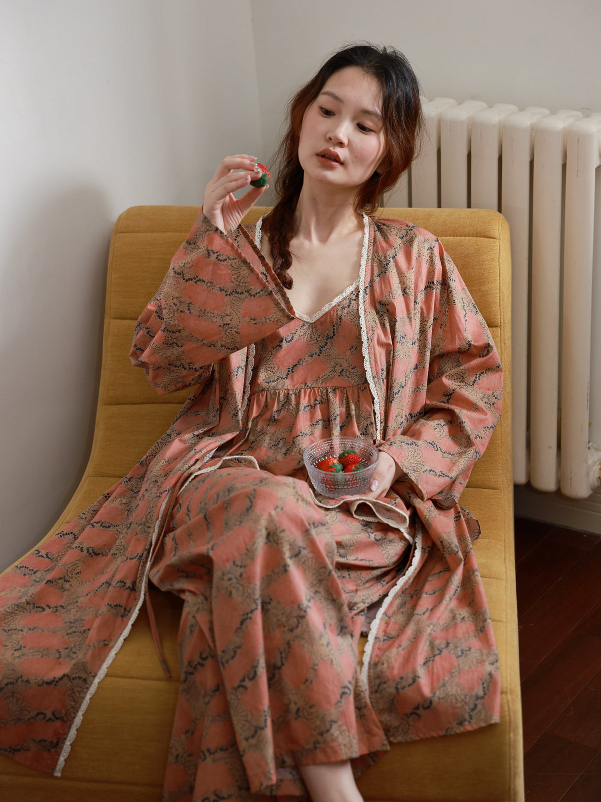 3‑Piece Bamboo Cotton Pajama Set with Robe | Rouge Bloom | Lian