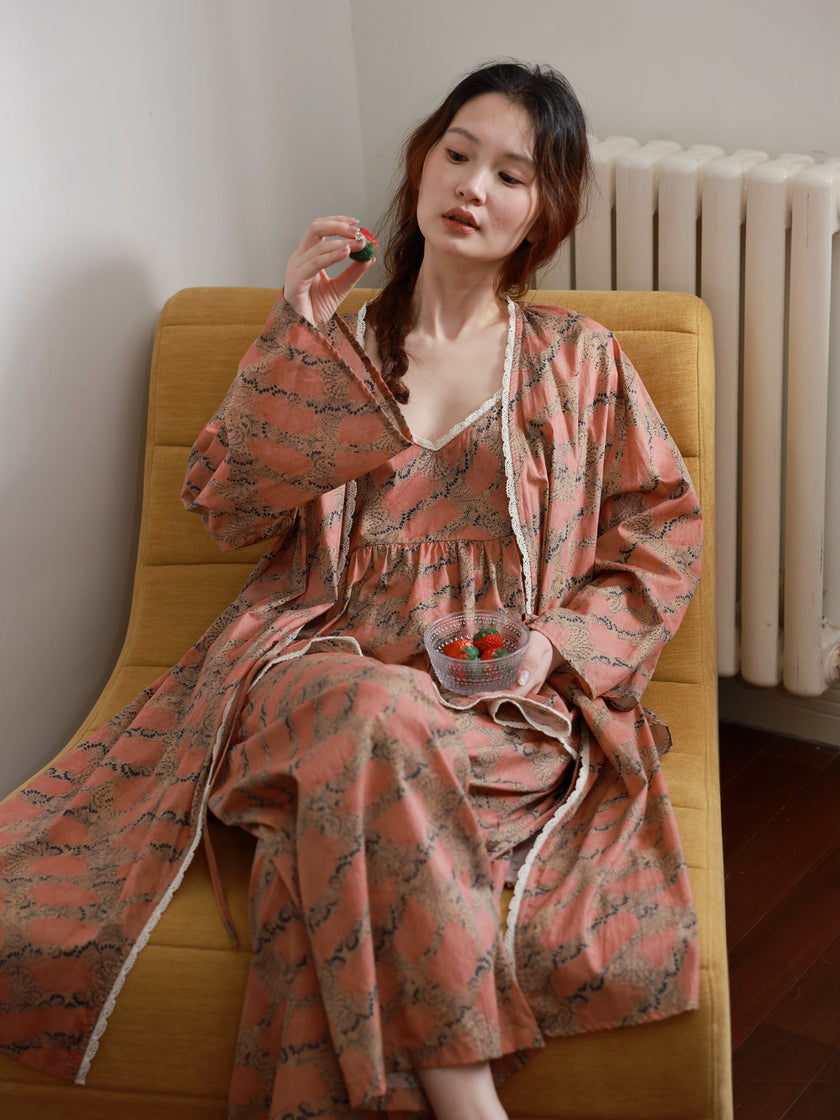 3‑Piece Bamboo Cotton Pajama Set with Robe | Rouge Bloom | Lian