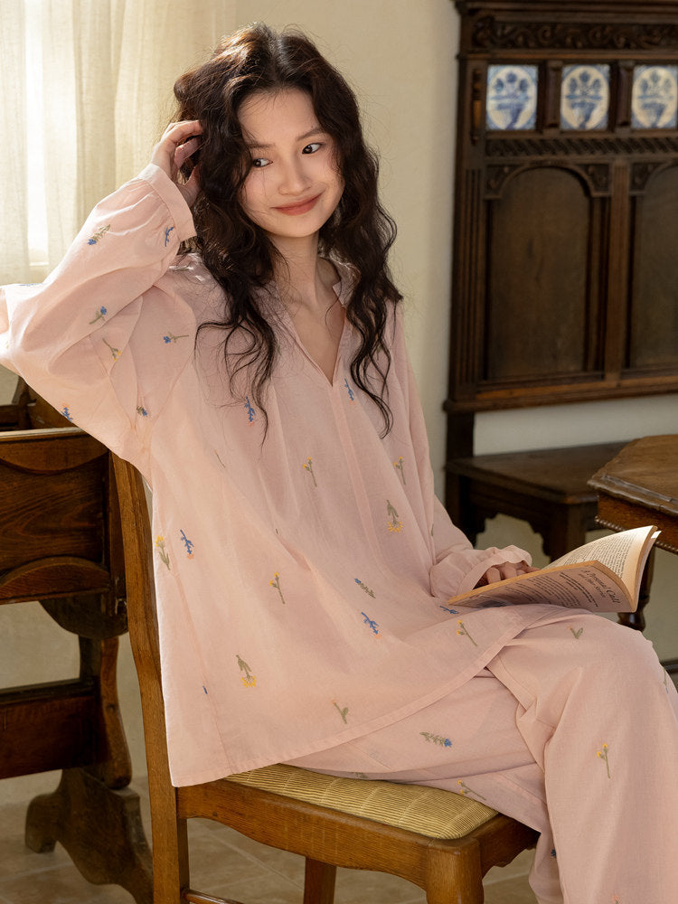 Embroidered Bamboo Cotton Loungewear Set | Wheat Apricot | Lian