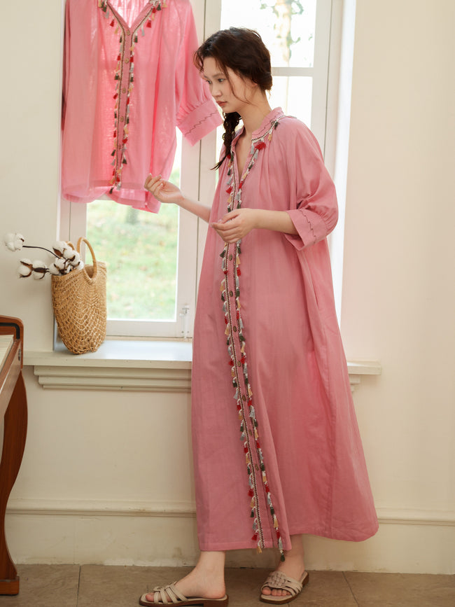 Gauze Cotton Tassel Dress – Lightweight Summer Kaftan
