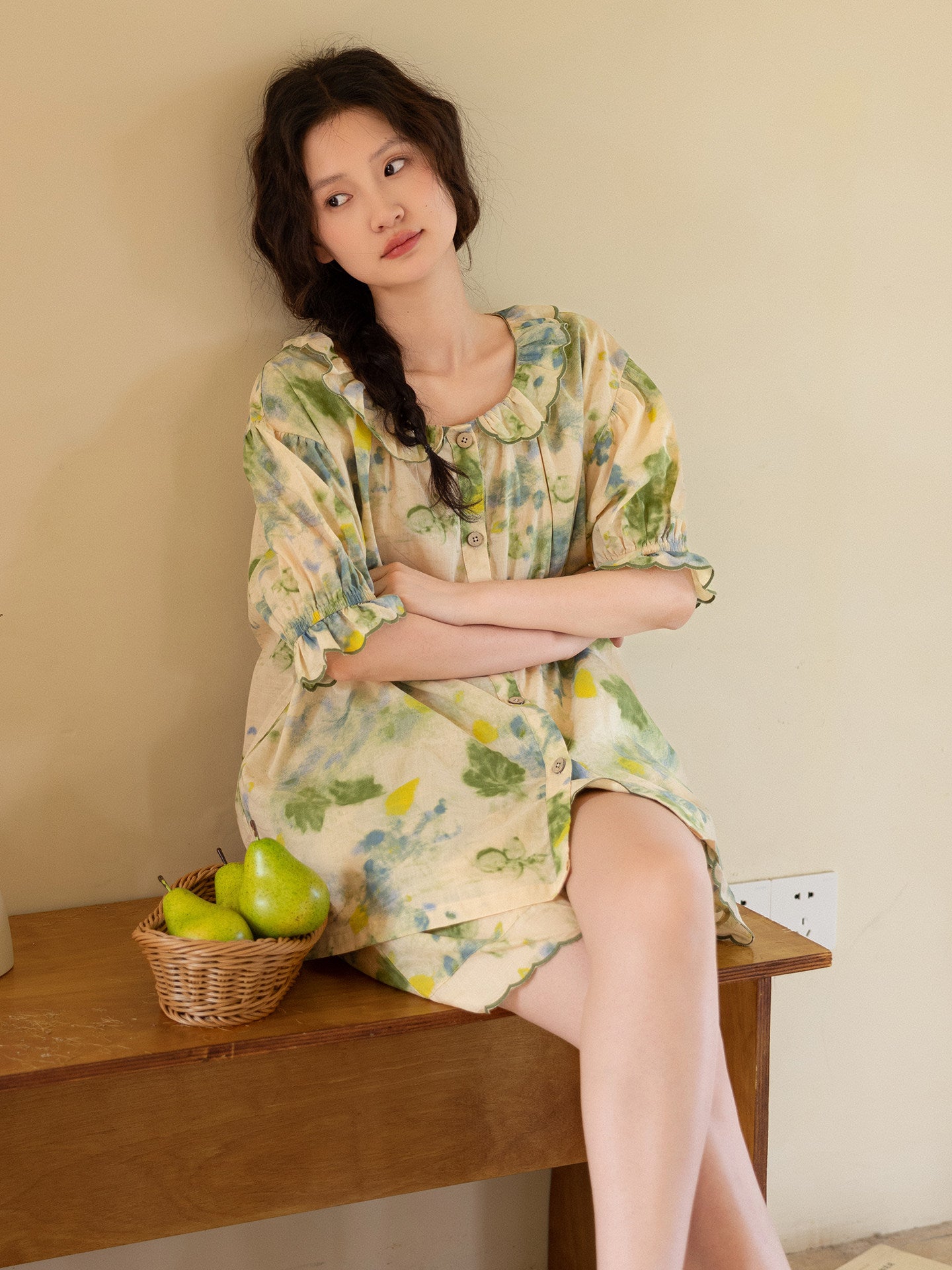 Bamboo Cotton Pyjama For Summer | Green Floral Lounge Set | Lian