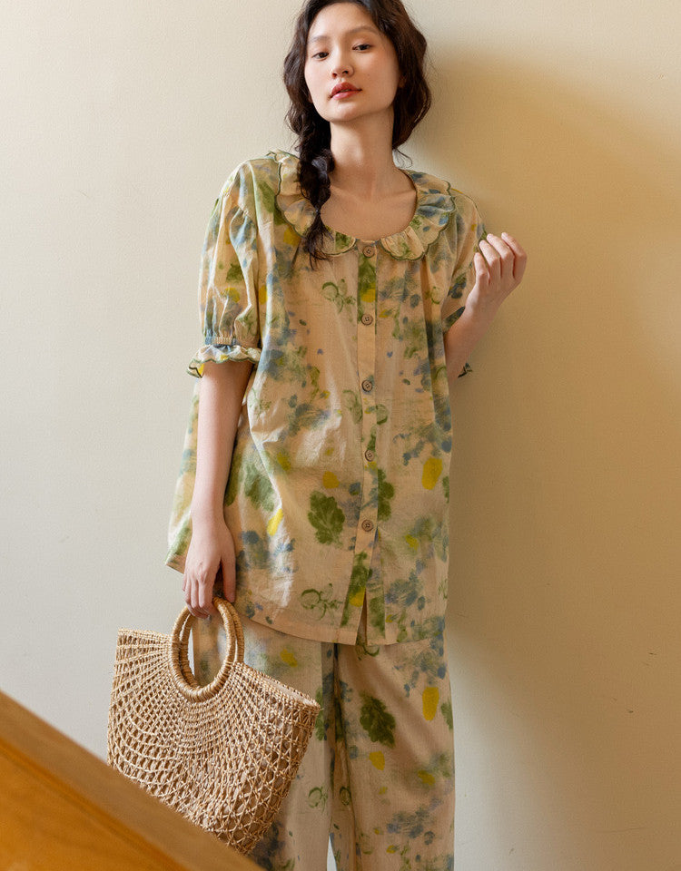 Bamboo Cotton Pyjama For Summer | Green Floral Lounge Set | Lian
