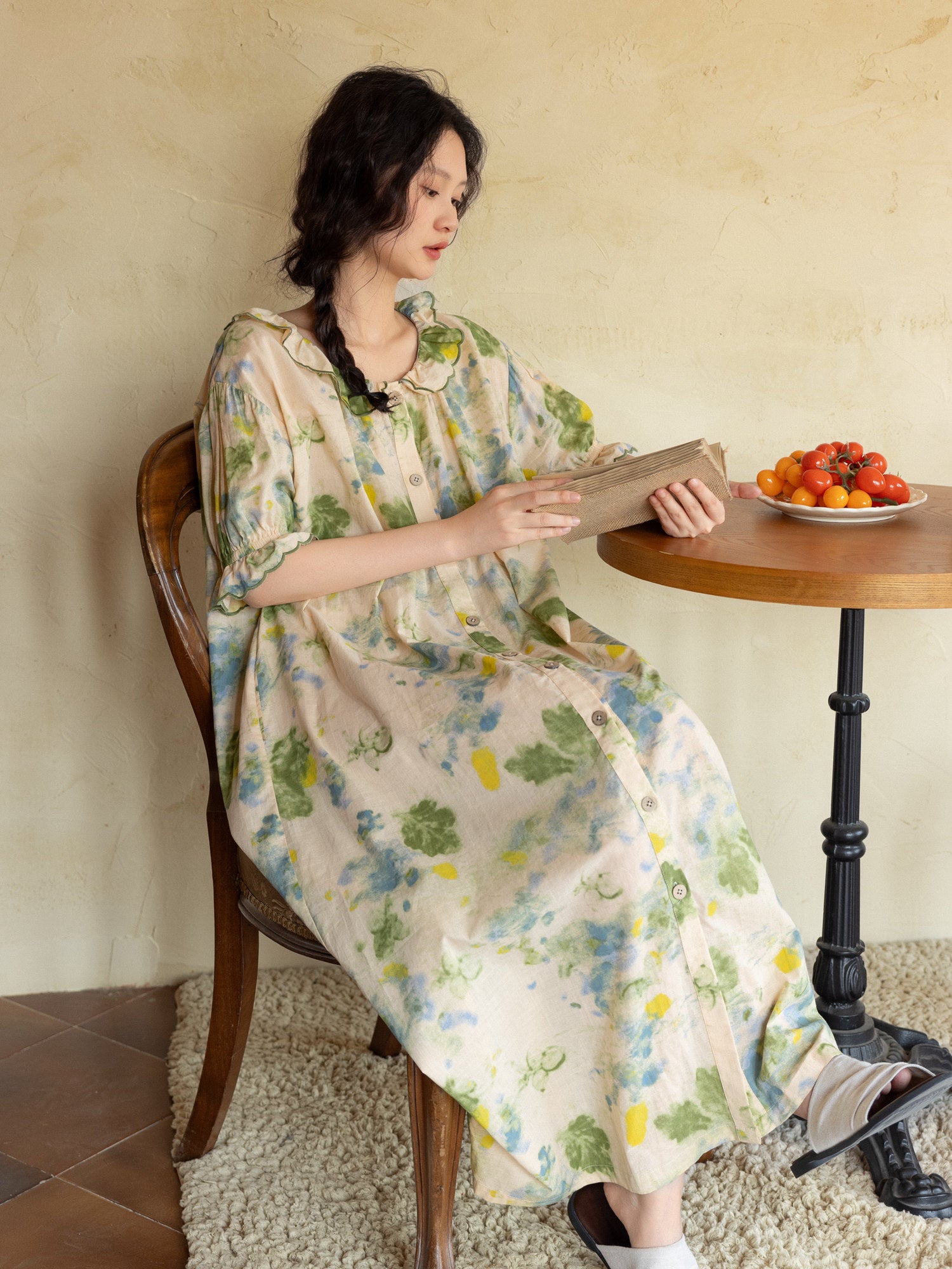 Women's Floral Bamboo Cotton Dress | Ruffle Collar Loungewear | Lian Loungewear