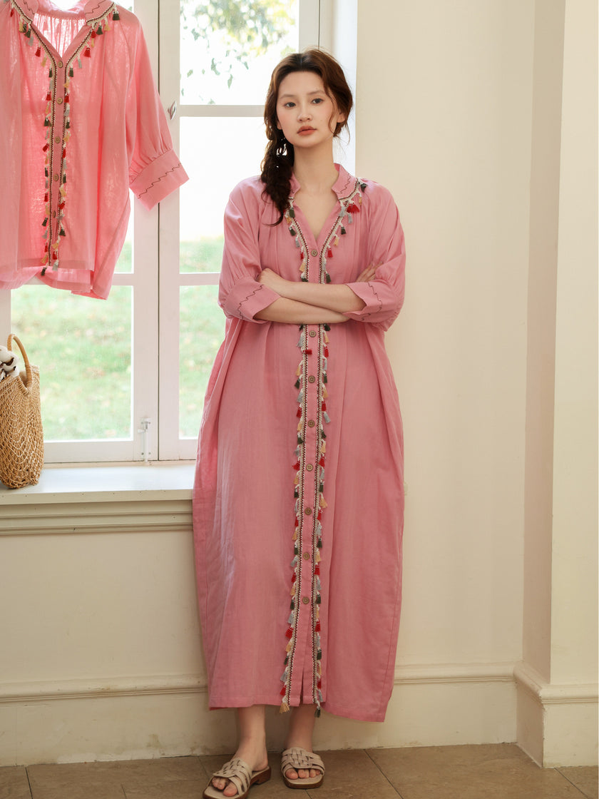 Gauze Cotton Tassel Lounge Dress - Summer Breathable Kaftan
