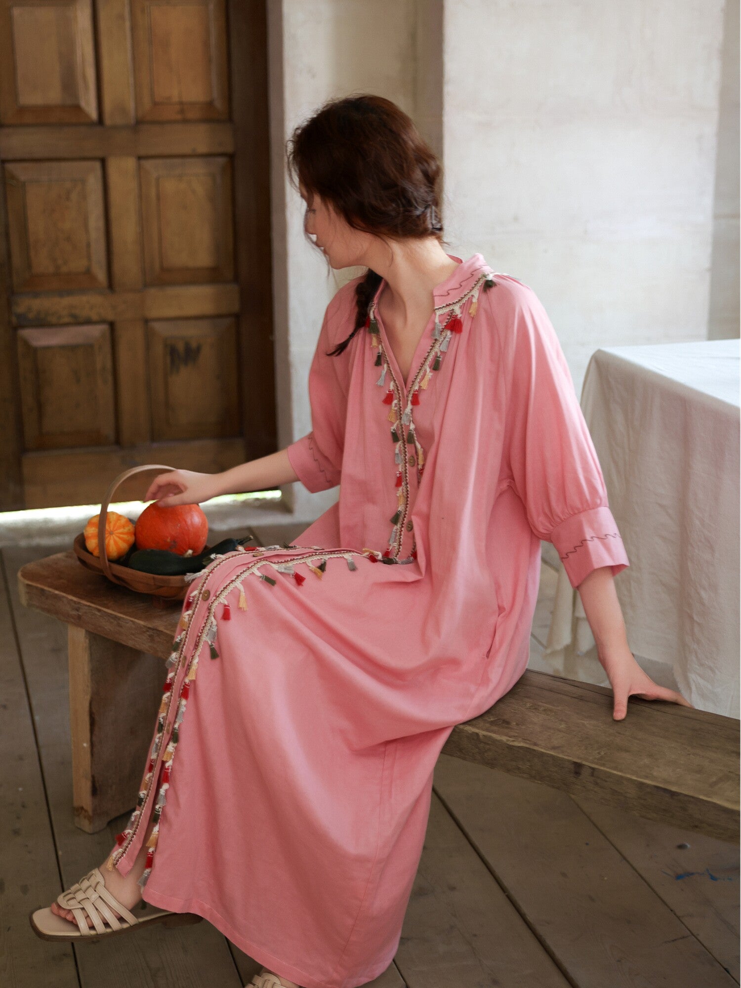 Gauze Cotton Tassel Dress – Lightweight Summer Kaftan