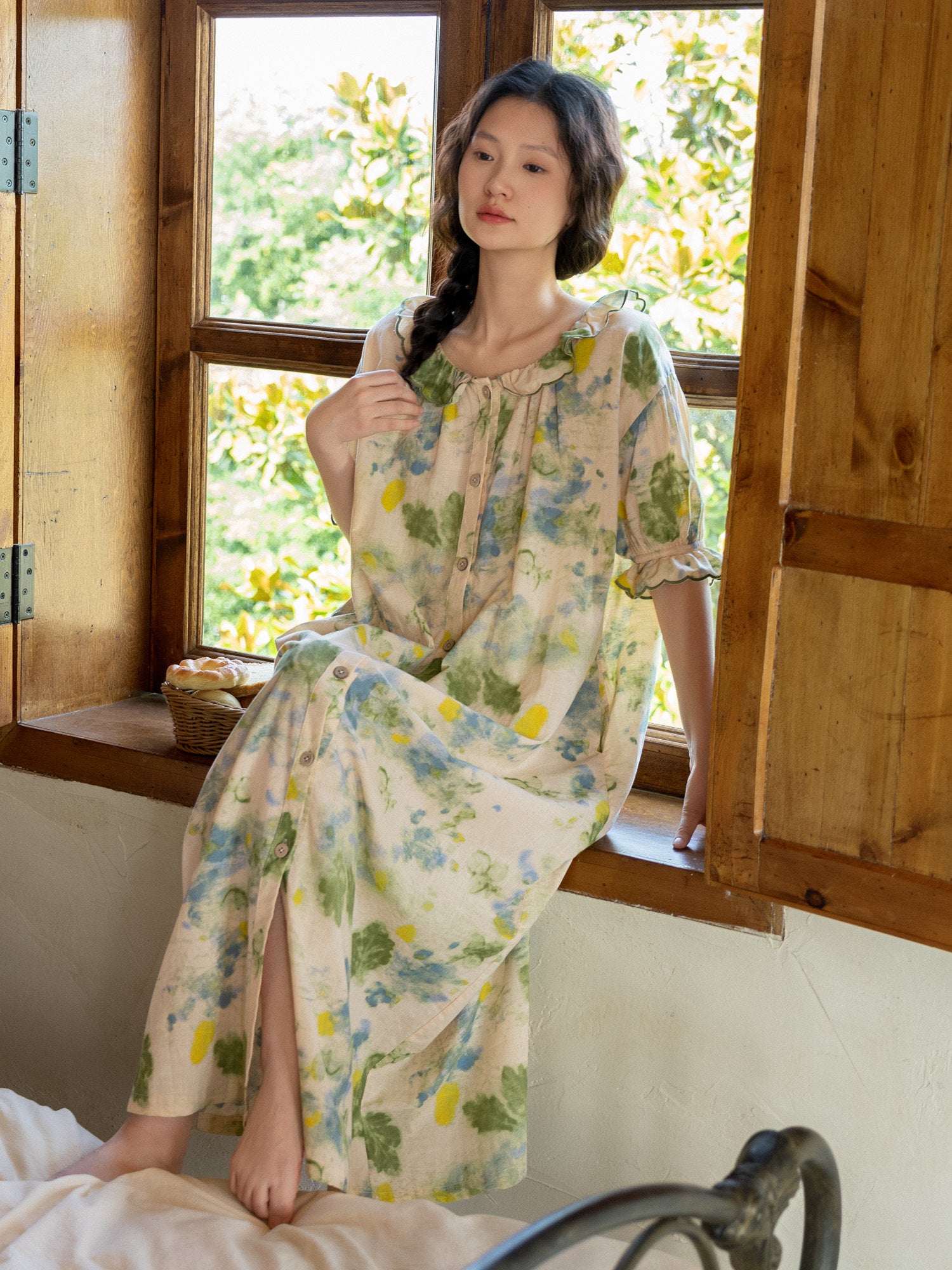 Women's Floral Bamboo Cotton Dress | Ruffle Collar Loungewear | Lian Loungewear