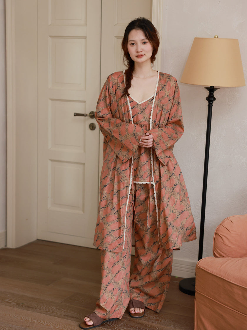3‑Piece Bamboo Cotton Pajama Set with Robe | Rouge Bloom | Lian