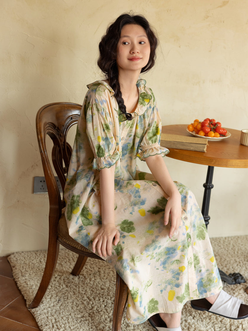 Women's Floral Bamboo Cotton Dress | Ruffle Collar Loungewear | Lian Loungewear