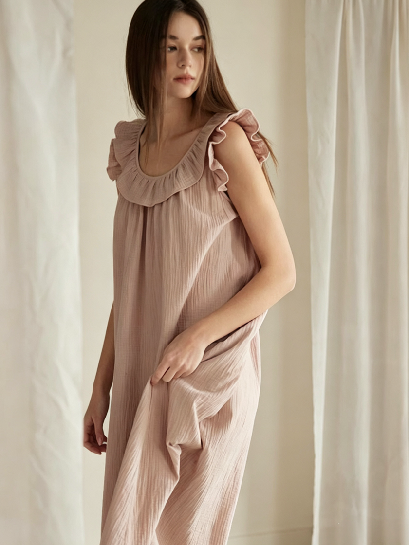 Cotton gauze ruffle nightdress worn