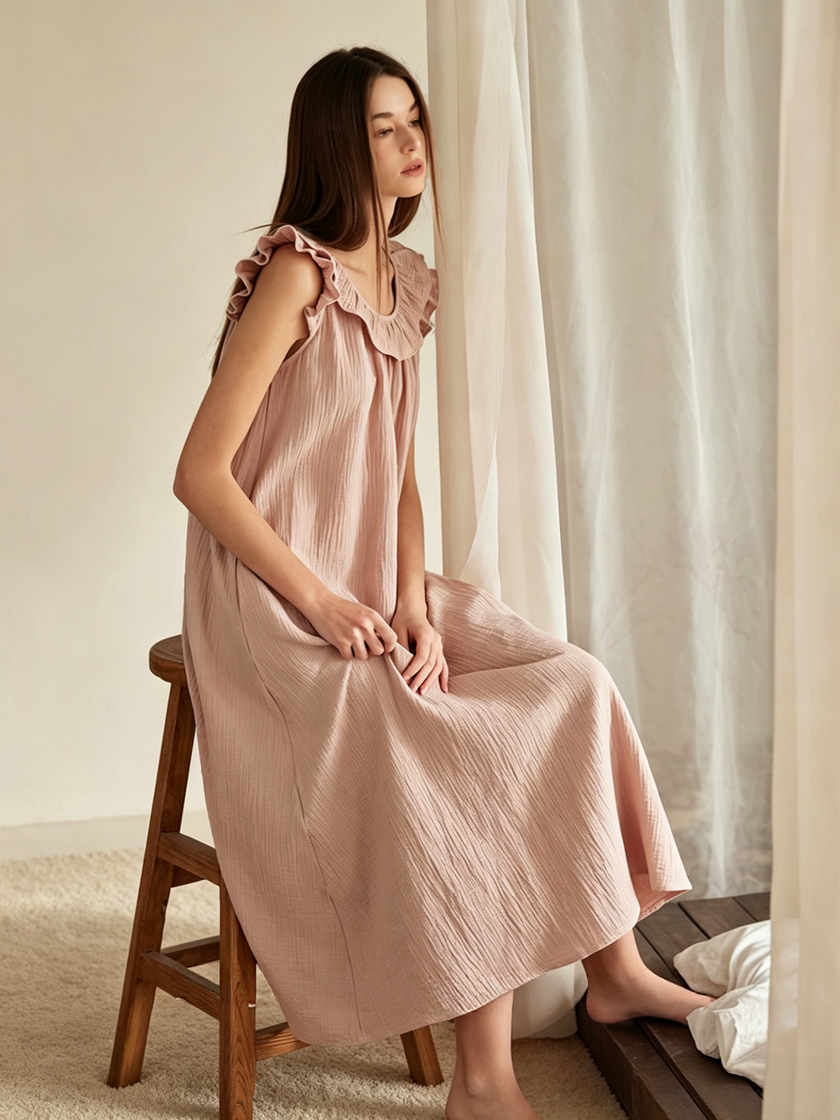 Light pink gauze nightgown ruffle detail