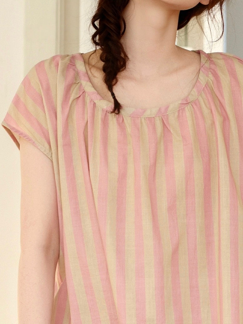 Pink stripe cotton loungewear worn