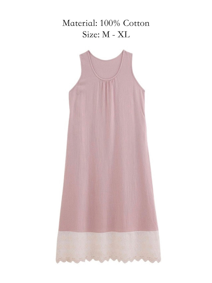 Lian Loungewear pink lace-trim cotton gauze nightgown - front