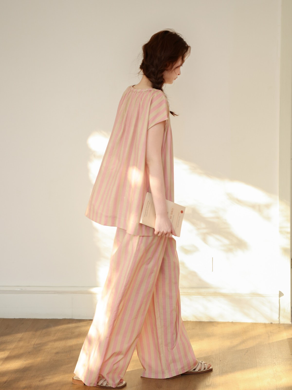 Striped cotton lounge set top and trousers