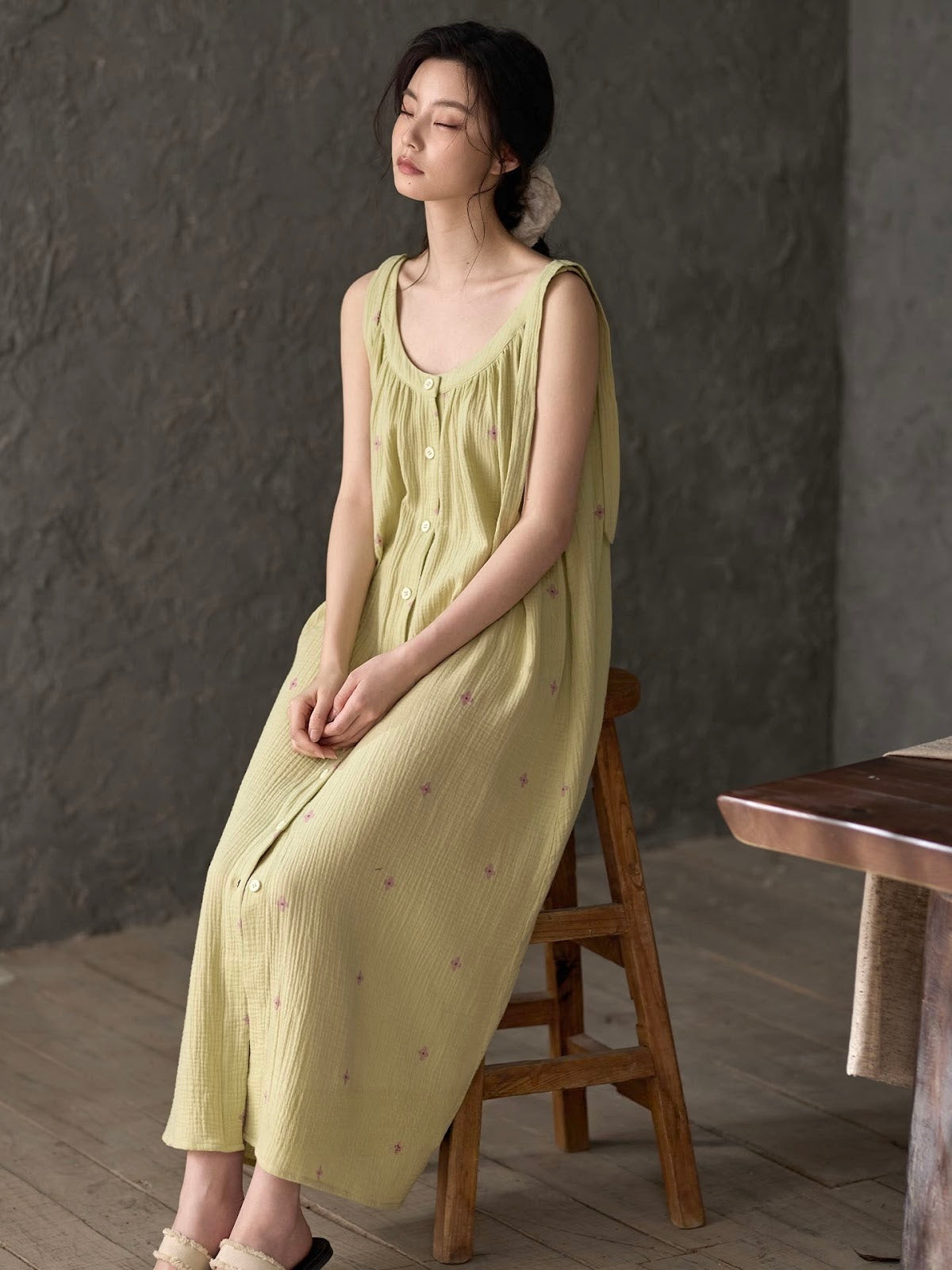 Apple green cotton gauze button-front slip dress