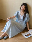 Blue Embroidered Bamboo Cotton Nightgown | Summer Sleepwear Dress | Lian