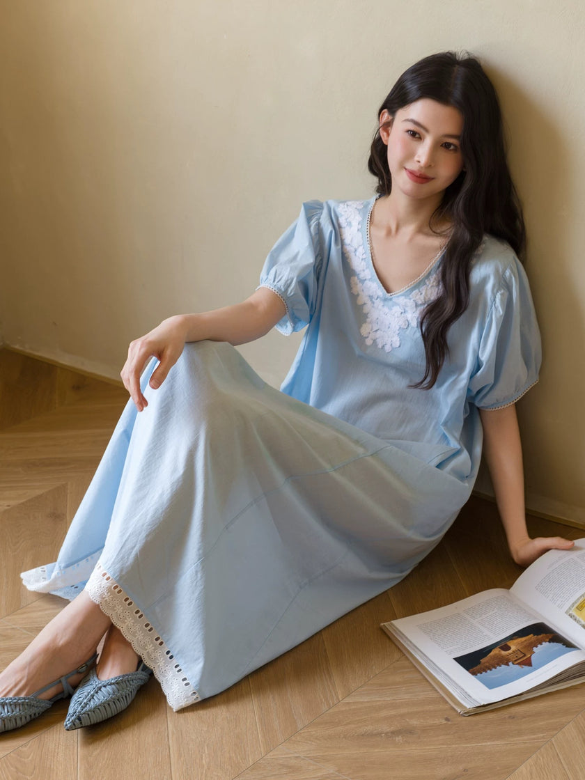 Blue Embroidered Bamboo Cotton Nightgown | Summer Sleepwear Dress | Lian