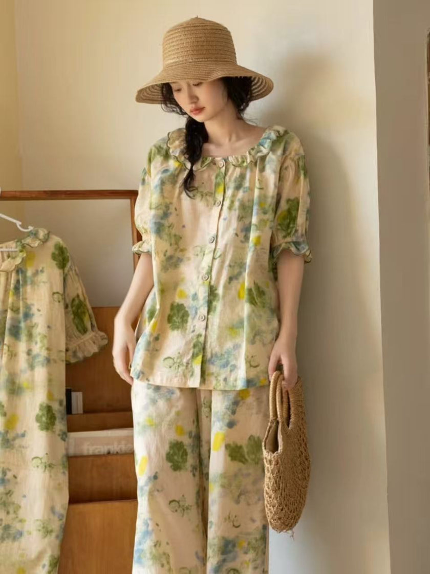 Bamboo Cotton Pyjama For Summer | Green Floral Lounge Set | Lian