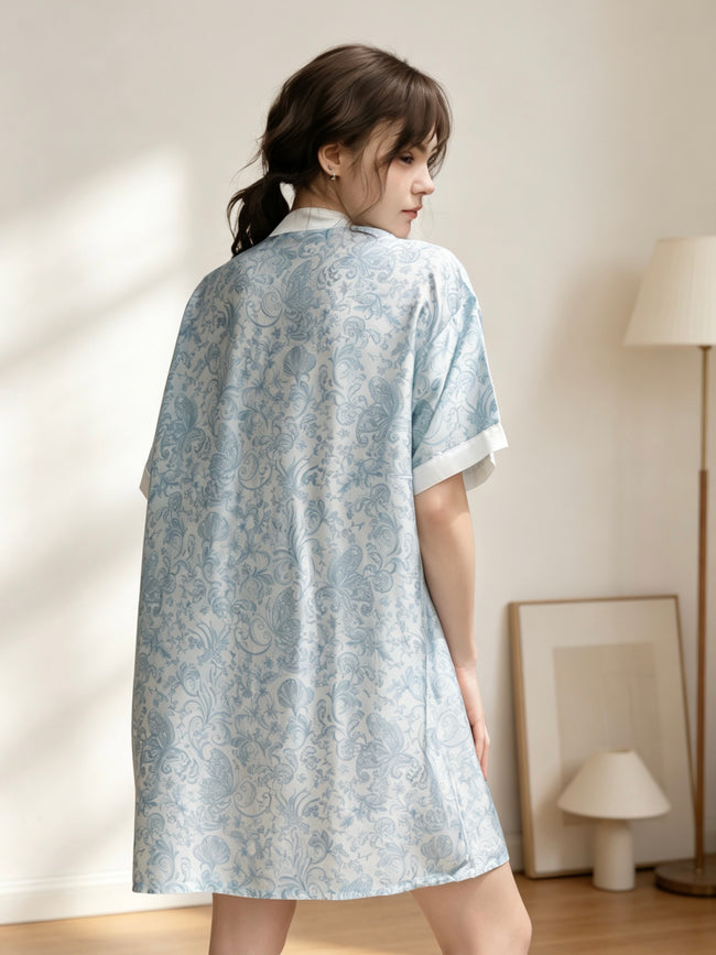 100% TENCEL™ Button Nightdress – Blue Floral Short Sleeve Sleep Dress