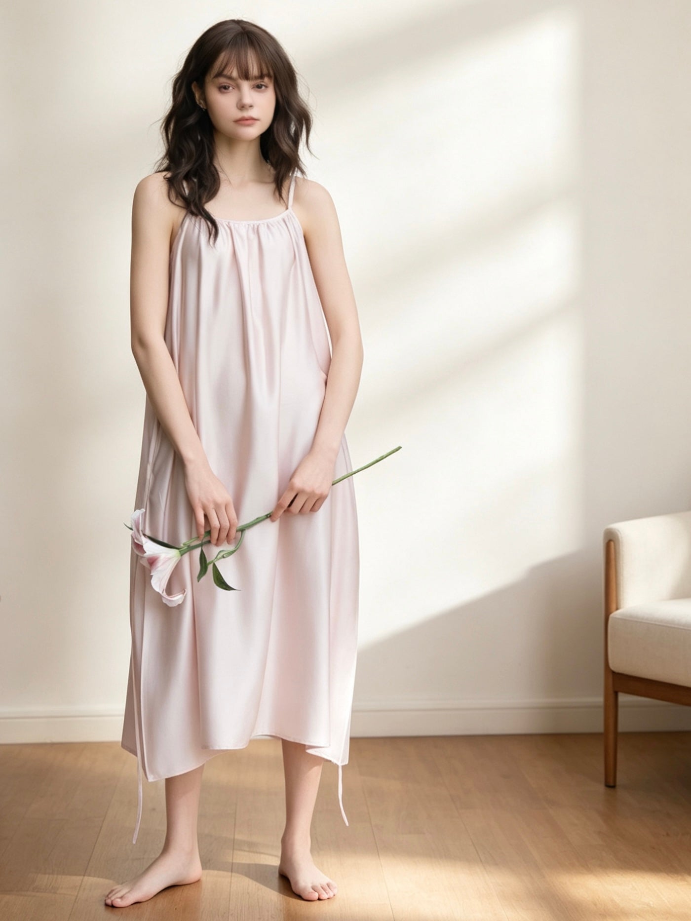 Lyocell Camisole Nightdress | Soft Pink Sleeveless Midi Dress