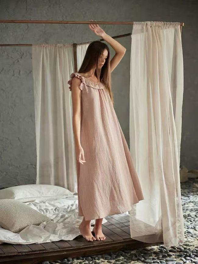 Cotton Gauze Nightgown | Ruffle-Trim Slip Dress | Lian Loungewear