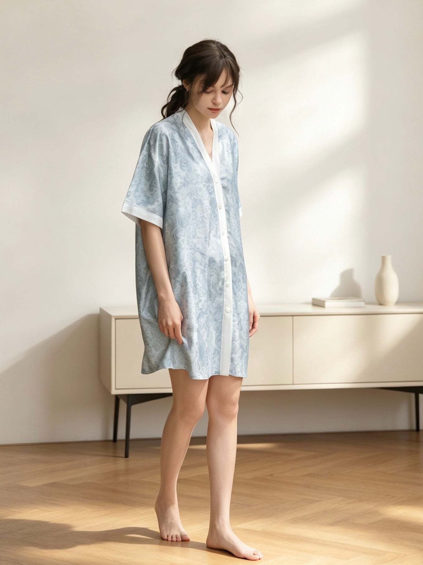 100% TENCEL™ Button Nightdress – Blue Floral Short Sleeve Sleep Dress