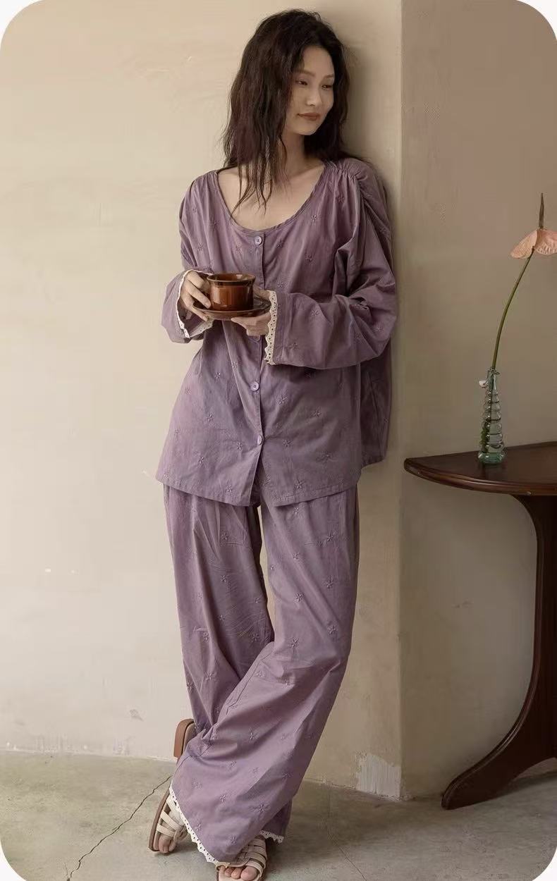 Purple Slub Cotton Pajama Set, 100% Cotton Loungewear, Embroidered Pyjamas with Lace Trim, Soft Breathable Homewear, Vintage Style Sleep Set