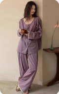 Purple Slub Cotton Pajama Set, 100% Cotton Loungewear, Embroidered Pyjamas with Lace Trim, Soft Breathable Homewear, Vintage Style Sleep Set