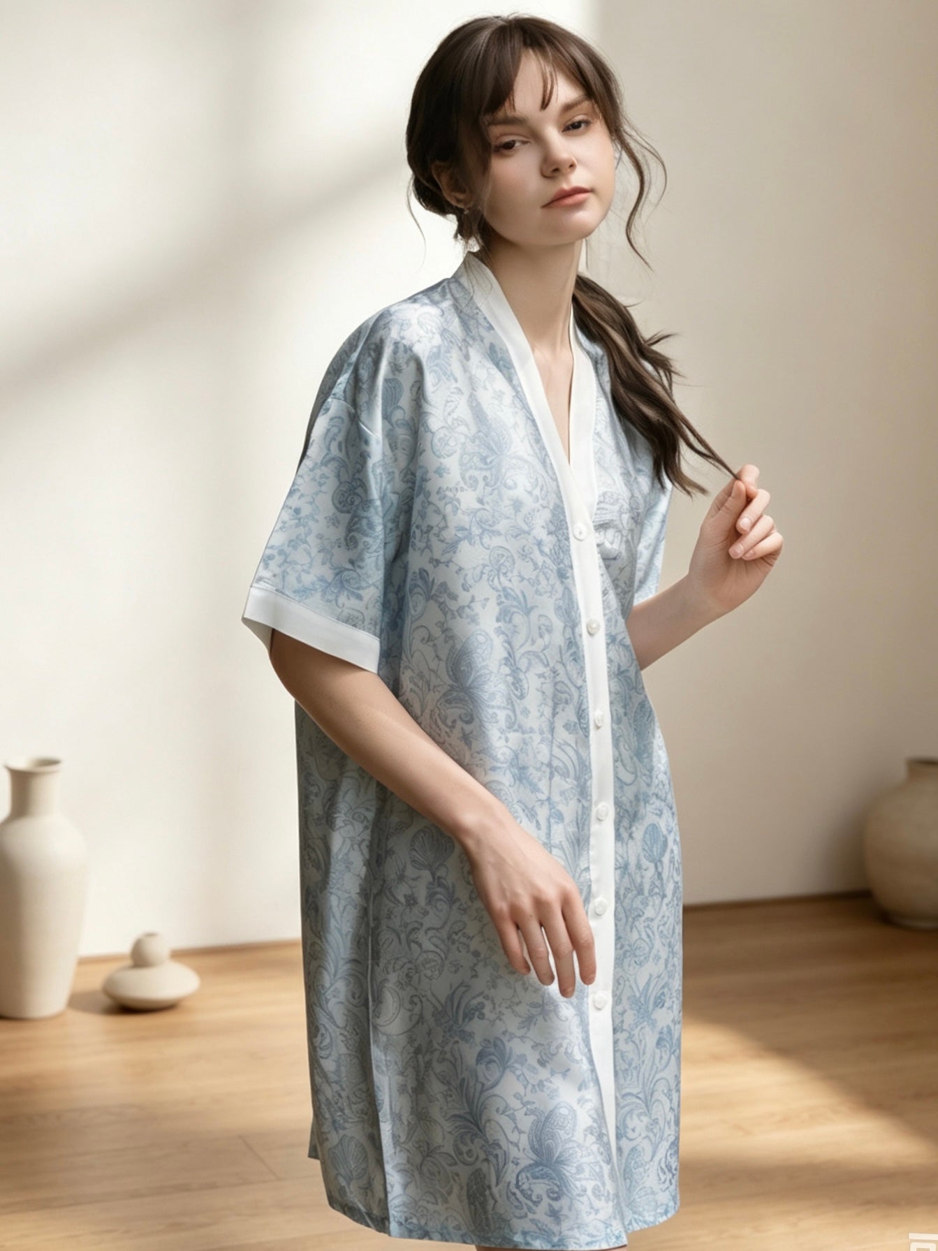 100% TENCEL™ Button Nightdress – Blue Floral Short Sleeve Sleep Dress