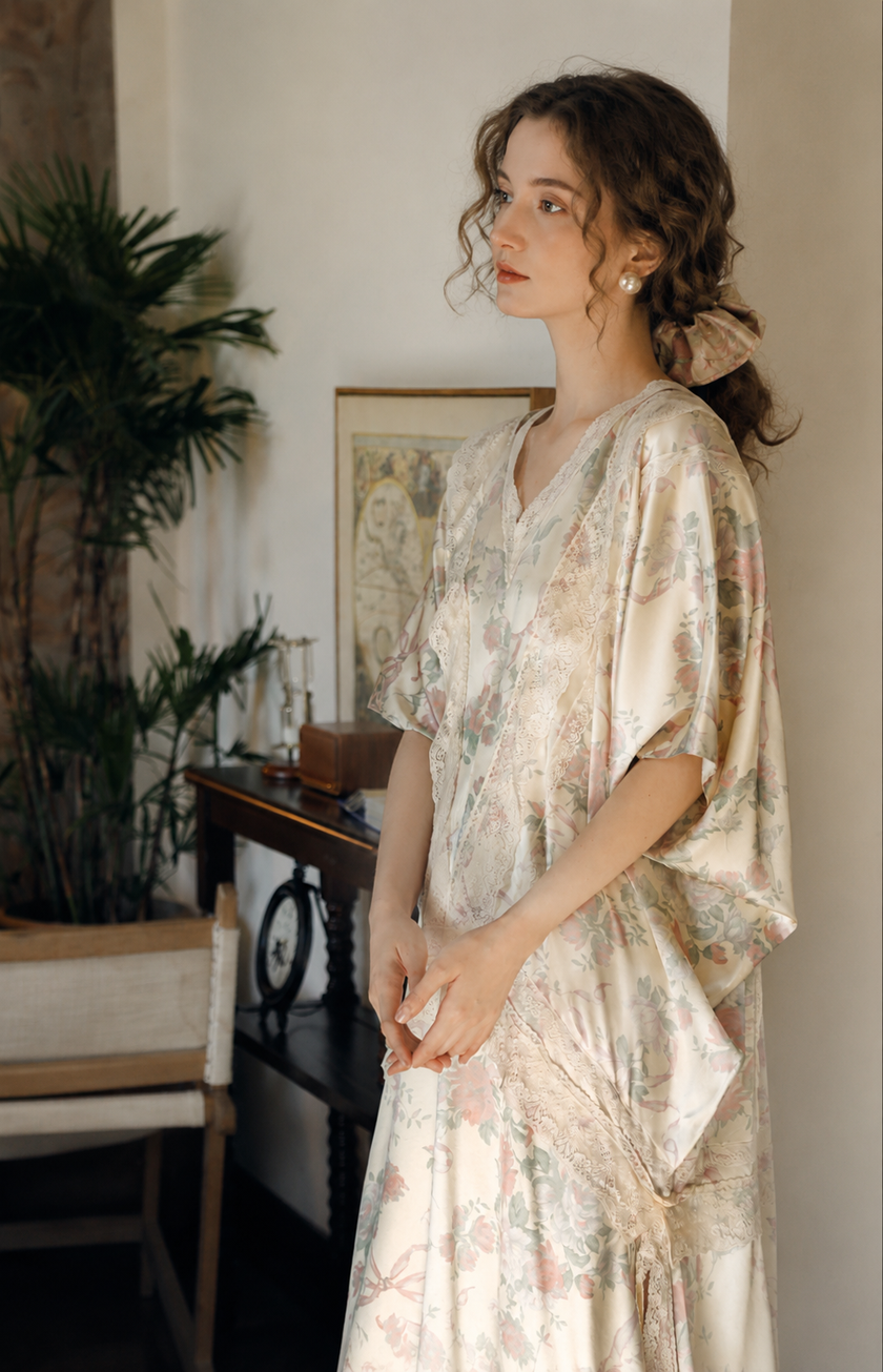 Silk Lounge Dress with Floral Print | Premium Silk Sleepwear | Lian
