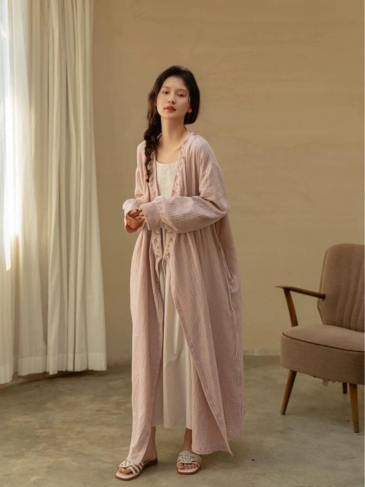 Japanese Kimono Robe, Embroidered Cotton Gauze Robe