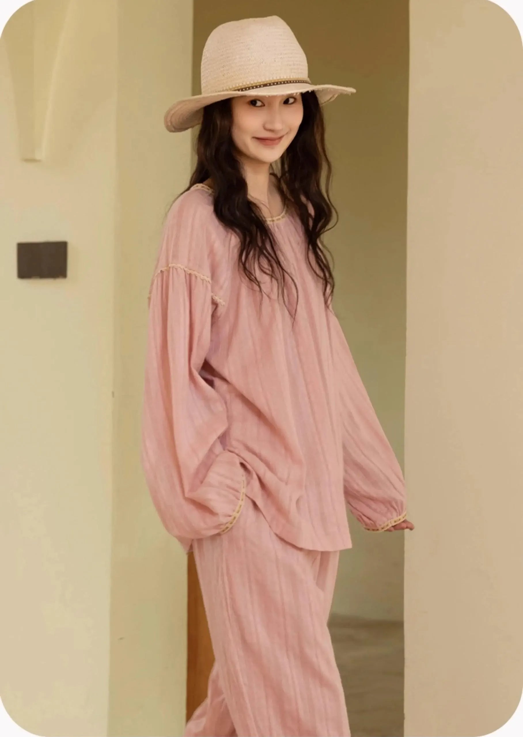 Breathable cotton gauze, muslin-feel pajama set with lining for coverage,  Soft textured cotton, relaxed fit for sleep or lounging