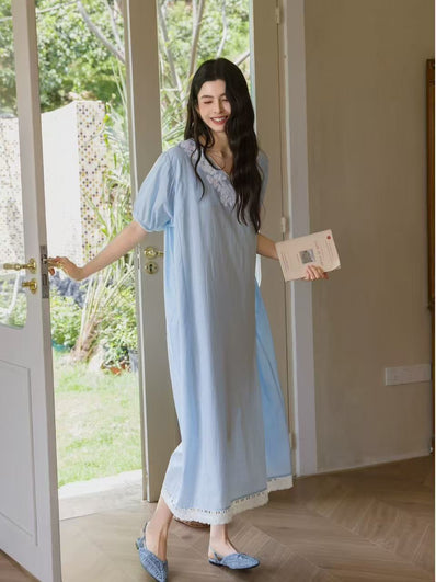 Blue Embroidered Bamboo Cotton Nightgown | Summer Sleepwear Dress | Lian
