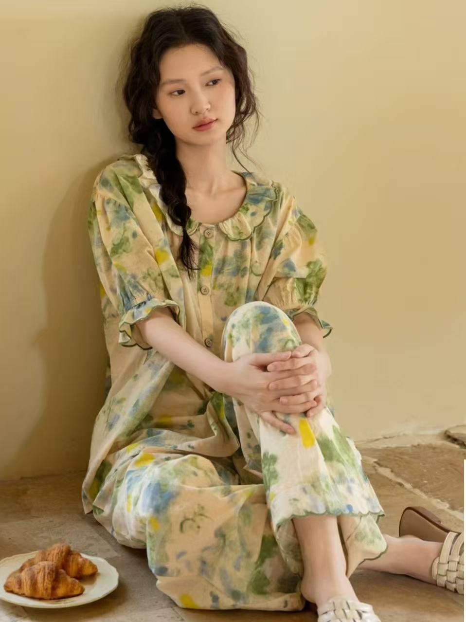 Bamboo Cotton Pyjama For Summer | Green Floral Lounge Set | Lian