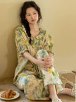 Bamboo Cotton Pyjama For Summer | Green Floral Lounge Set | Lian
