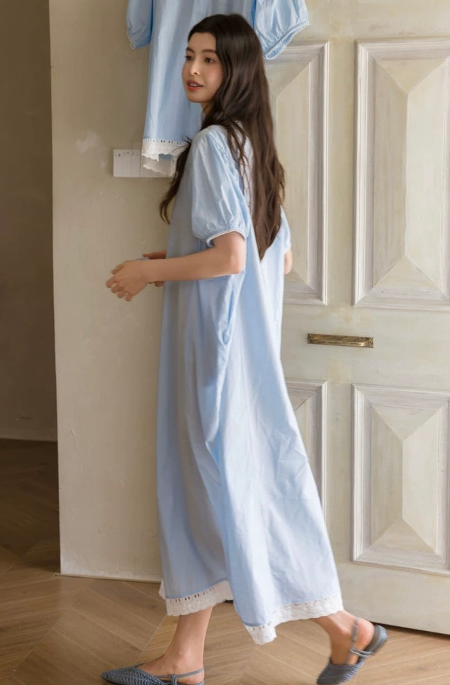 Blue Embroidered Bamboo Cotton Nightgown | Summer Sleepwear Dress | Lian