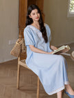 Blue Embroidered Bamboo Cotton Nightgown | Summer Sleepwear Dress | Lian