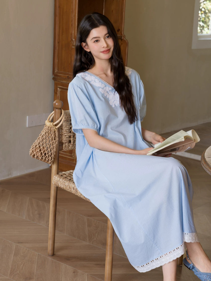 Blue Embroidered Bamboo Cotton Nightgown | Summer Sleepwear Dress | Lian