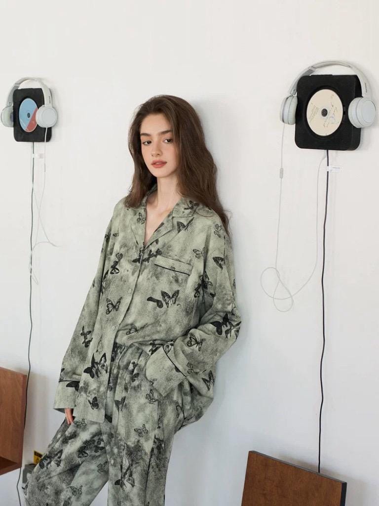 Butterfly Print Cotton Pyjama Set: Oriental Button-Up Loungewear