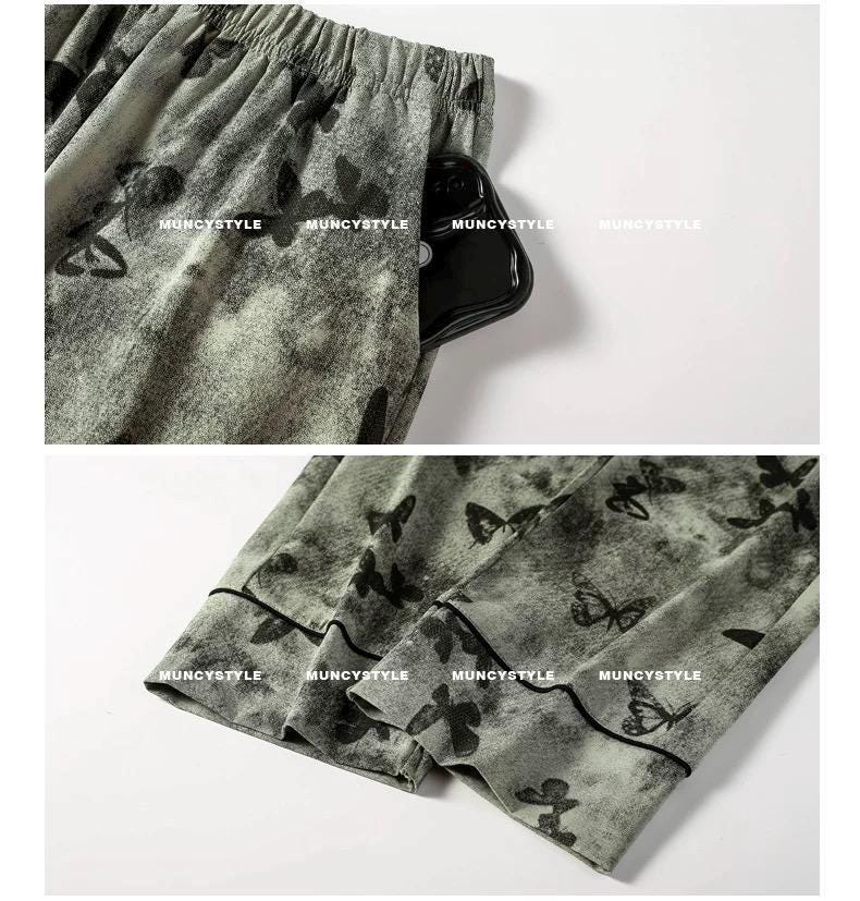 Butterfly Print Cotton Pyjama Set: Oriental Button-Up Loungewear
