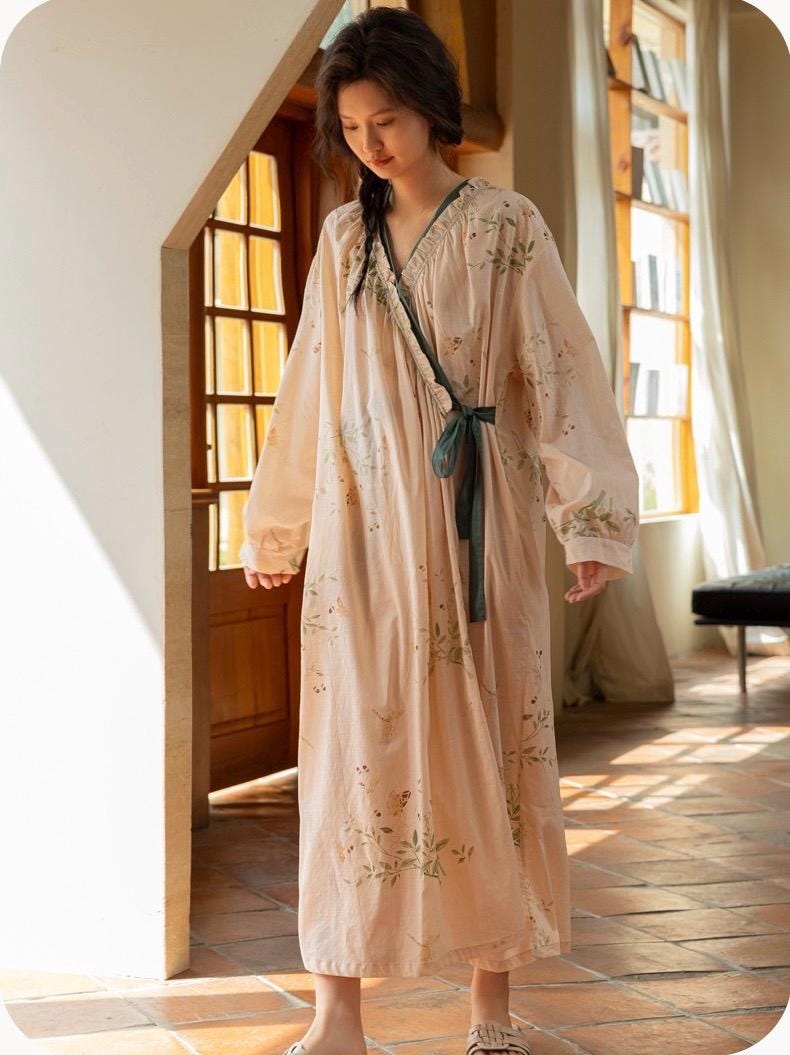 Embroidered Bamboo Cotton Robe: Lightweight Loungewear, Kimono Style Bathrobe