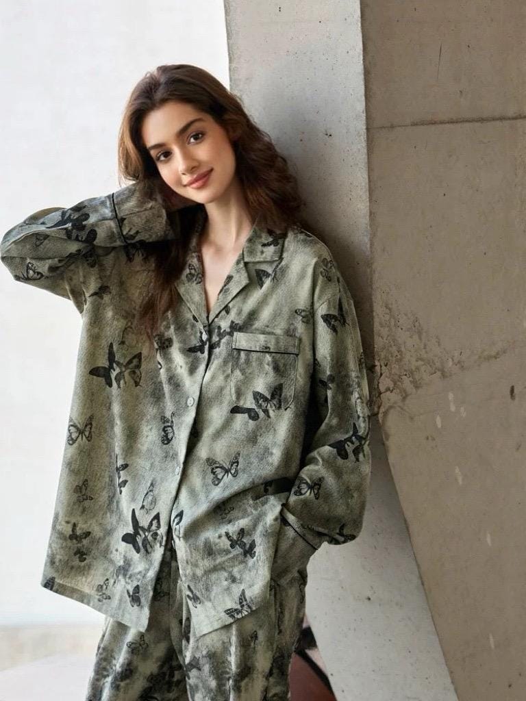 Butterfly Print Cotton Pyjama Set: Oriental Button-Up Loungewear