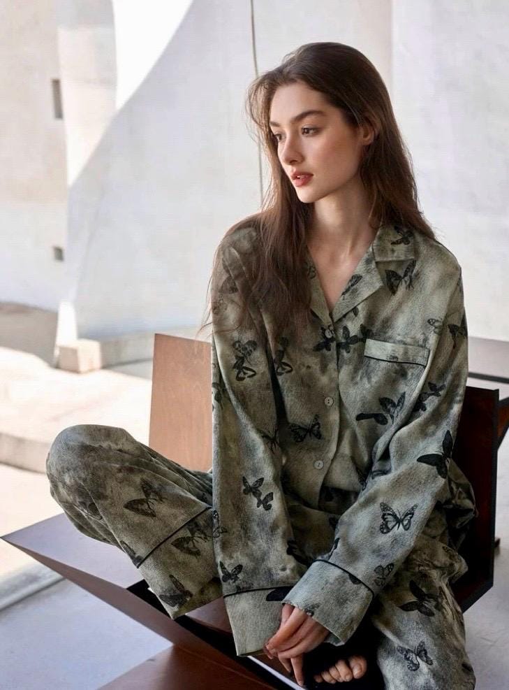 Butterfly Print Cotton Pyjama Set: Oriental Button-Up Loungewear