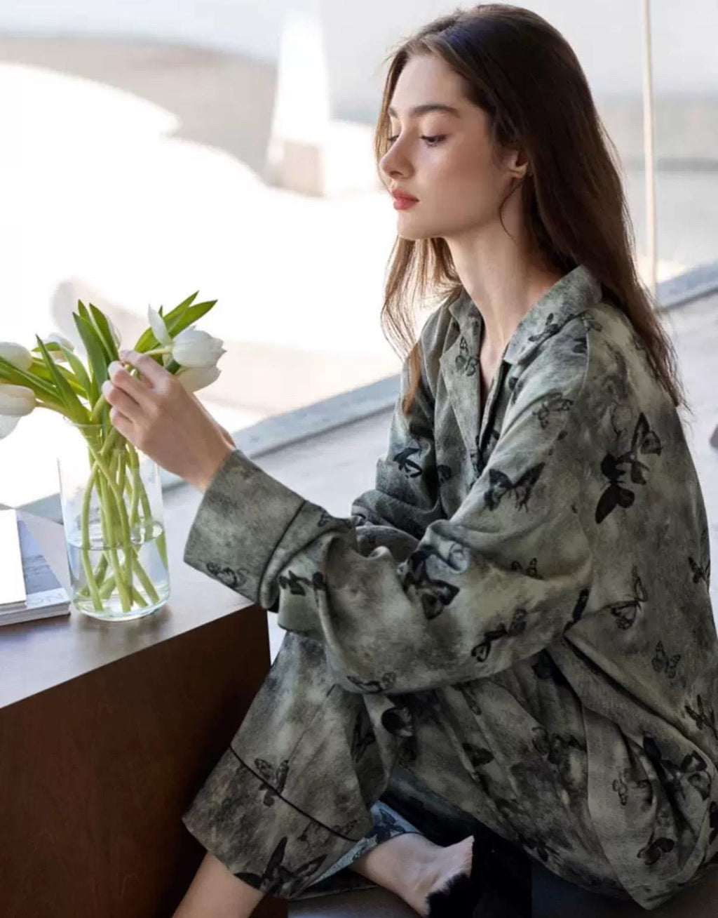 Butterfly Print Cotton Pyjama Set: Oriental Button-Up Loungewear