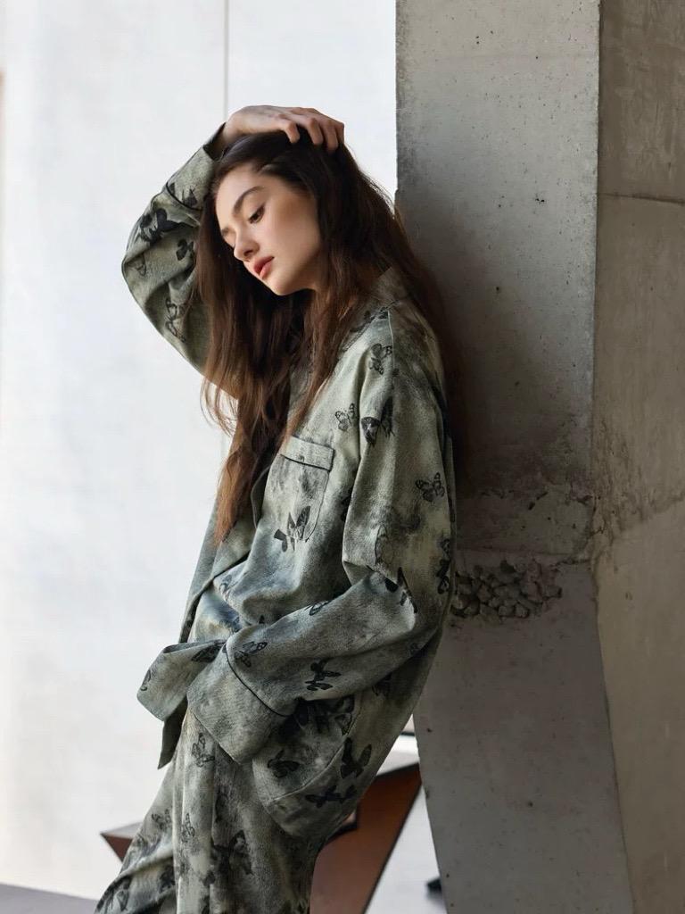 Butterfly Print Cotton Pyjama Set: Oriental Button-Up Loungewear