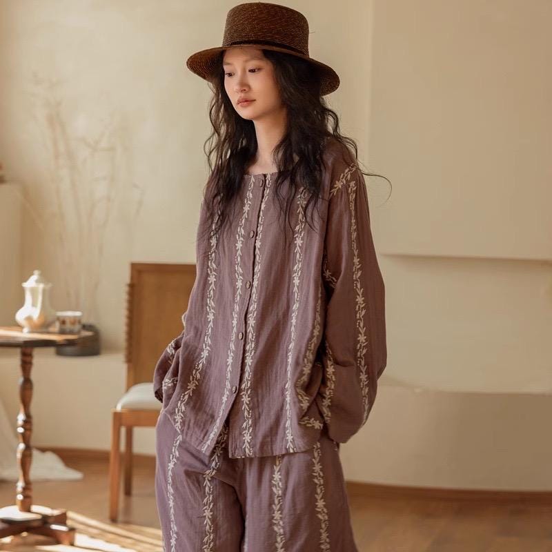 Bohemian Embroidered Cotton Gauze Loungewear Set | Two-Piece Pants or Dress Robe Style | Soft Breathable Sleepwear Home Outfit for Women