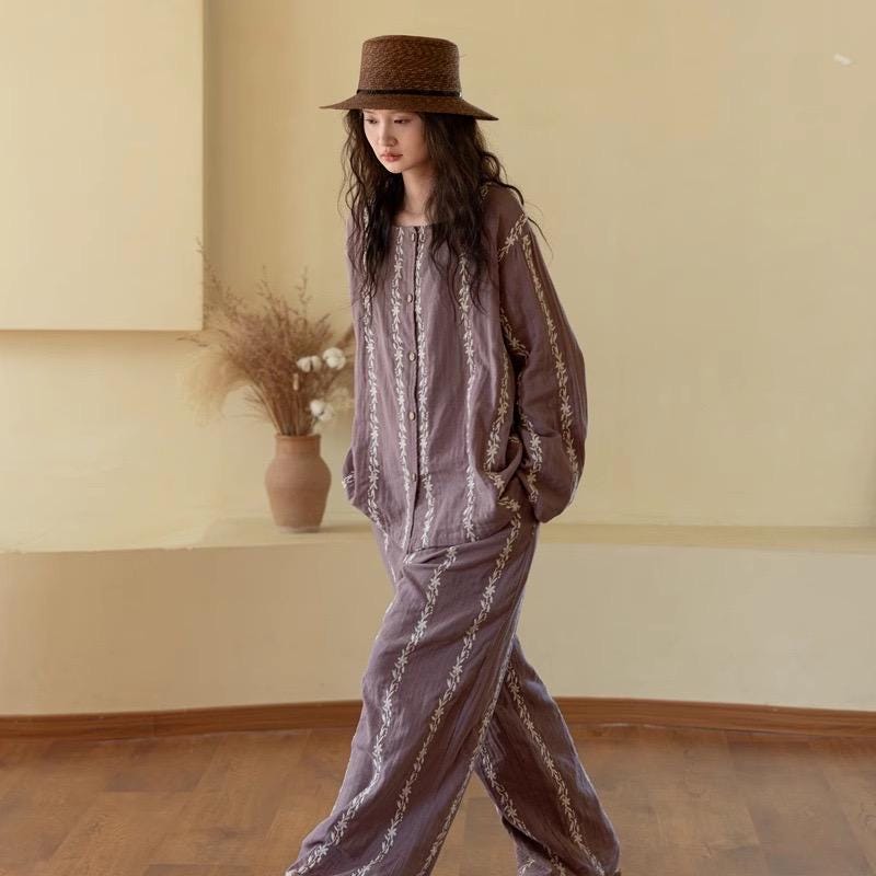 Bohemian Embroidered Cotton Gauze Loungewear Set | Two-Piece Pants or Dress Robe Style | Soft Breathable Sleepwear Home Outfit for Women