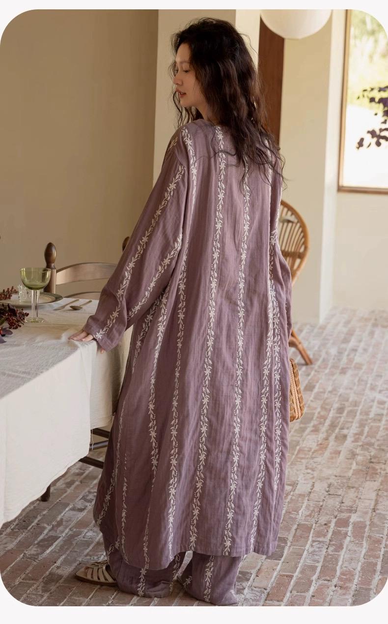 Bohemian Embroidered Cotton Gauze Loungewear Set | Two-Piece Pants or Dress Robe Style | Soft Breathable Sleepwear Home Outfit for Women
