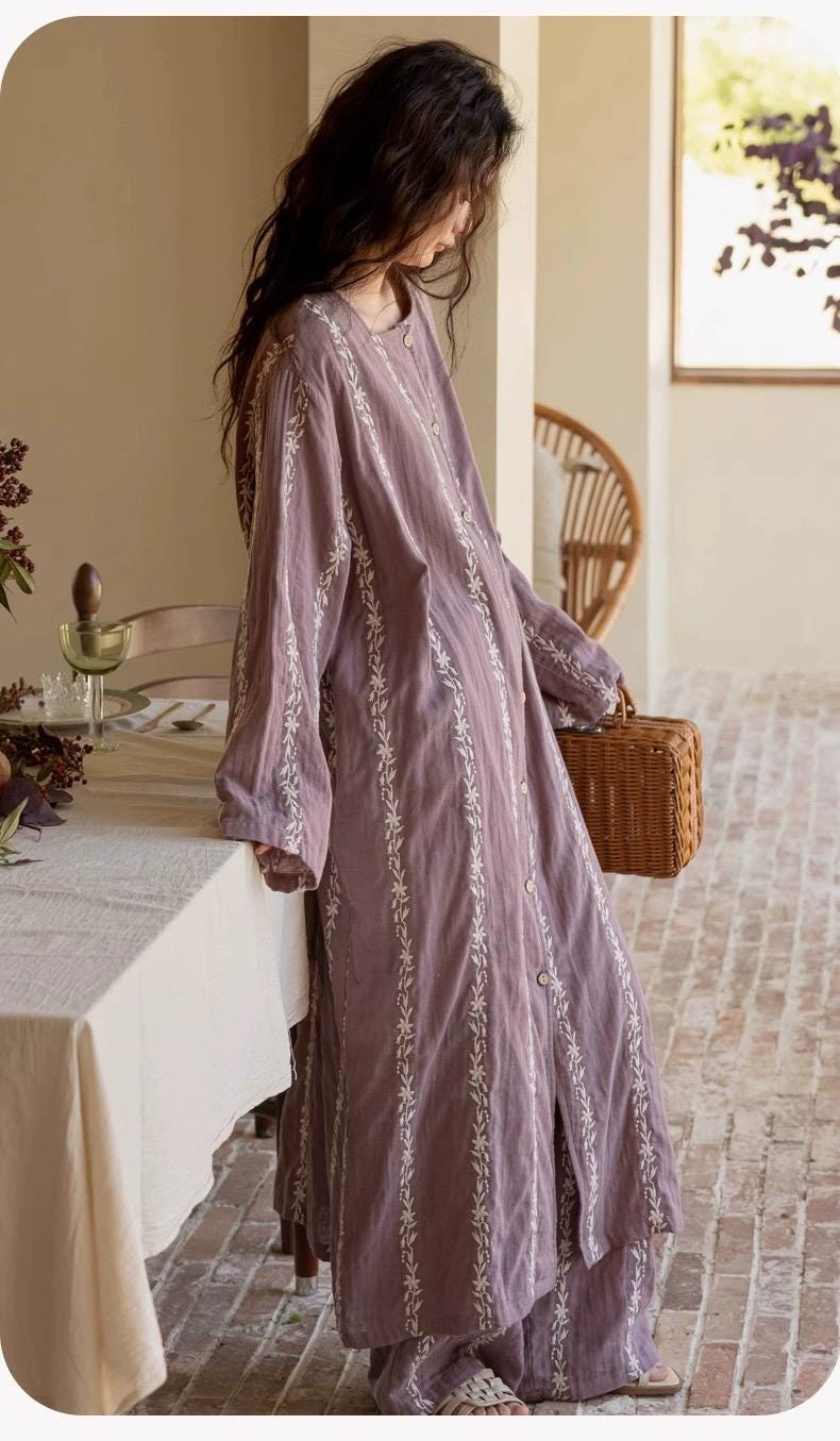 Bohemian Embroidered Cotton Gauze Loungewear Set | Two-Piece Pants or Dress Robe Style | Soft Breathable Sleepwear Home Outfit for Women