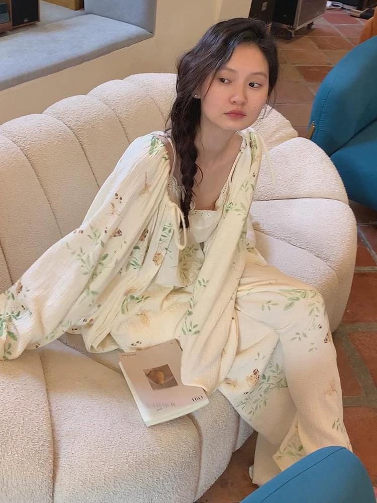 Gauze Cotton Pajama Set: Tie-Dye Camisole & Robe Loungewear