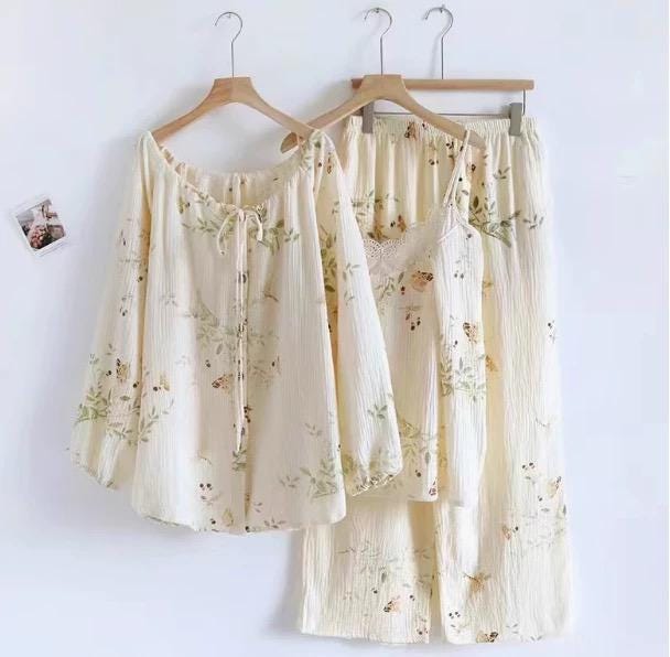 Gauze Cotton Pajama Set: Tie-Dye Camisole & Robe Loungewear